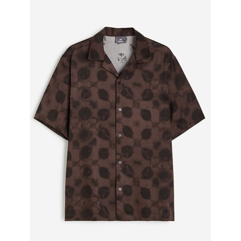 H&M size large Brown regular fit lyocell resort button up shirt NWT